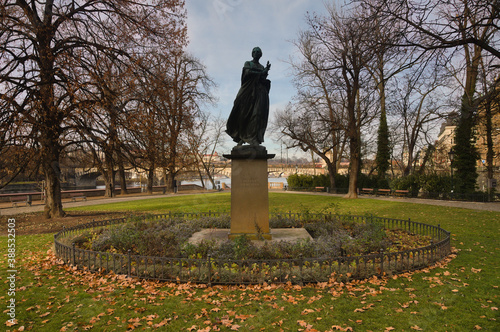 Statue of Bozena Nemcova at Slovansky island in Prague, Czech Republic