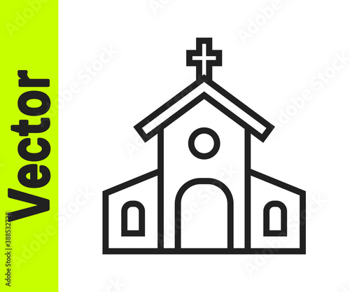 Black line Church building icon isolated on white background. Christian Church. Religion of church. Vector.