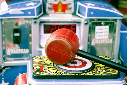 Test your strength. Amusement park. Carnival amusement park. Arcade game machine. Device for entertainment. Amusement for kids. Show your strength.