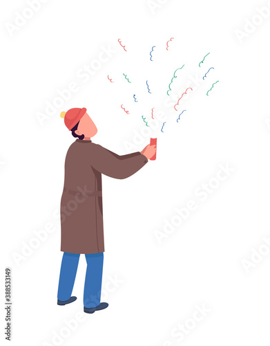 Person with firecracker flat color vector faceless character. Confetti for festive holiday celebration. Merry Christmas isolated cartoon illustration for web graphic design and animation
