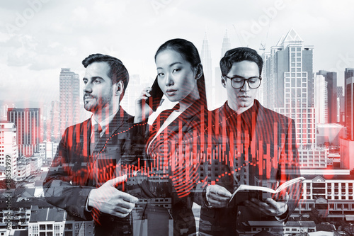 Photography Group of business colleagues in suits as a part of multinational corporate team working on forecasting trading corporate strategy at fund