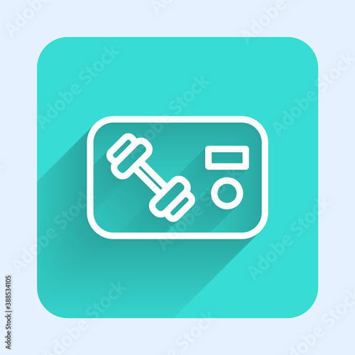 White line Fitness club, gym card icon isolated with long shadow. Green square button. Vector.