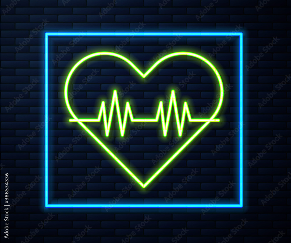 Glowing neon line Heart rate icon isolated on brick wall background. Heartbeat sign. Heart pulse icon. Cardiogram icon. Vector.