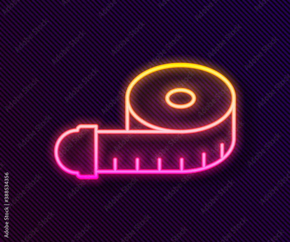 Glowing neon line Tape measure icon isolated on black background. Measuring tape. Vector.