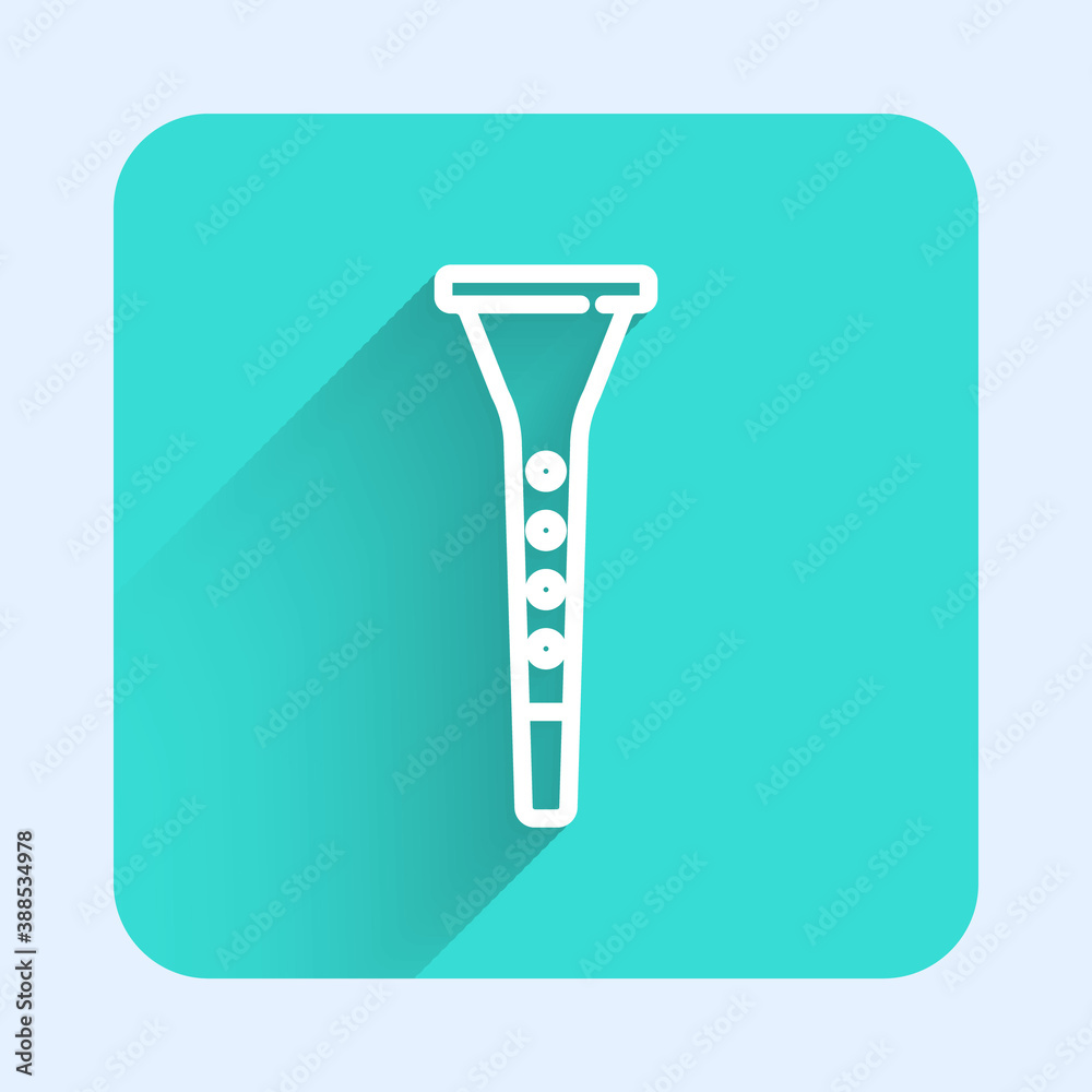 White line Clarinet icon isolated with long shadow. Musical instrument. Green square button. Vector. White line Clarinet icon isolated with long shadow. Musical instrument. Green square button. Vector.
