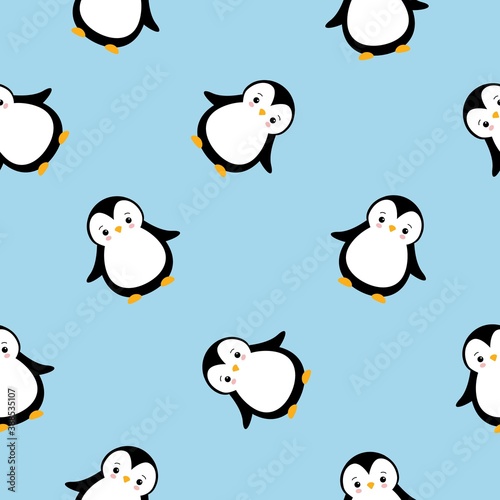 Vector seamless pattern with cute cartoon penguins on blue background