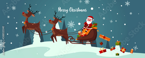 Santa is flying in a sleigh with reindeer.
Gifts are falling.
Winter background