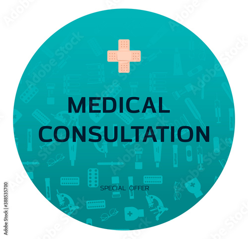 Medical poster with medicines, test tubes and a thermometer. Advertising online pharmacies or remote medical consultations for adults and children. Medical checkup and blood test results for the virus