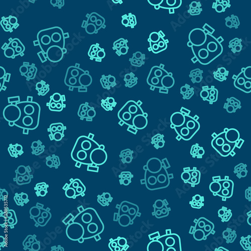 Green line Gas mask icon isolated seamless pattern on blue background. Respirator sign. Vector.