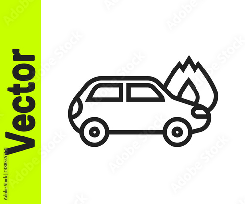 Black line Burning car icon isolated on white background. Car on fire. Broken auto covered with fire and smoke. Vector.