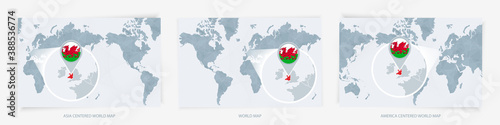 Three versions of the World Map with the enlarged map of Wales with flag.
