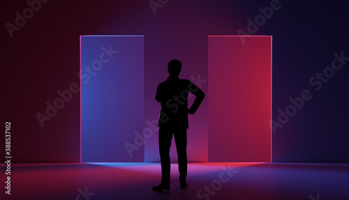 Silhouette of thinking man in front of illuminated blue and red doorway