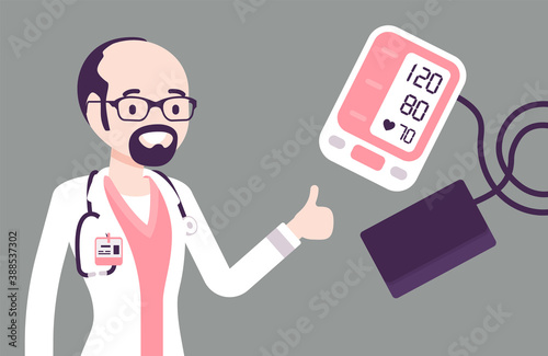 Wrist blood pressure monitor tonometer with normal measurement result. Digital display showing good meter test, male doctor happy with healthy picture. Vector creative stylized illustration