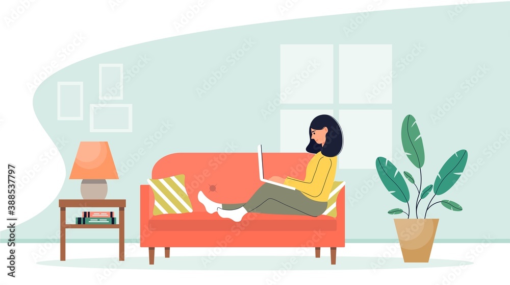 Girl with laptop sitting on the sofa. Home Office. Work at home or freelance. Homeschooling. Online work concept. Freelancer lifestyle. Cute vector illustration in flat style. Girl with laptop sitting on the sofa. Home Office. Work at home or freelance. Homeschooling. Online work concept. Freelancer lifestyle. Cute vector illustration in flat style.
