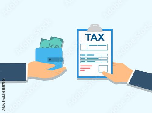Businessman paying taxes. Financier giving bills payment form. Hand holding wallet with dollar banknotes. Financial advising company. Government taxation, economics. Flat cartoon vector illustration