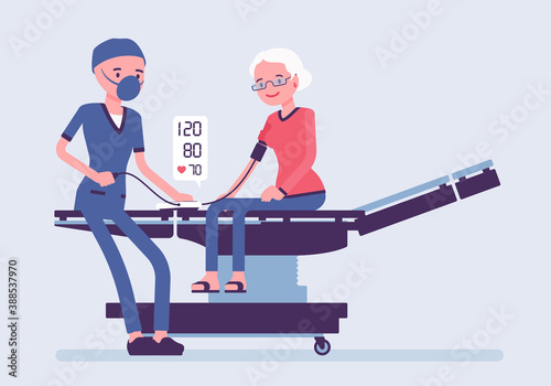 Blood pressure measurement, medicine test for senior woman in clinic. Male doctor in hospital checking and examine patient health with aneroid sphygmomanometer. Vector creative stylized illustration