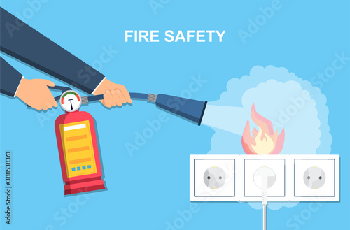 Extinguishing fire wiring in home. Socket and plug on fire from overload. Electrical safety concept. Fireman holding extinguisher in hands. Flame protection. Flat cartoon vector illustration