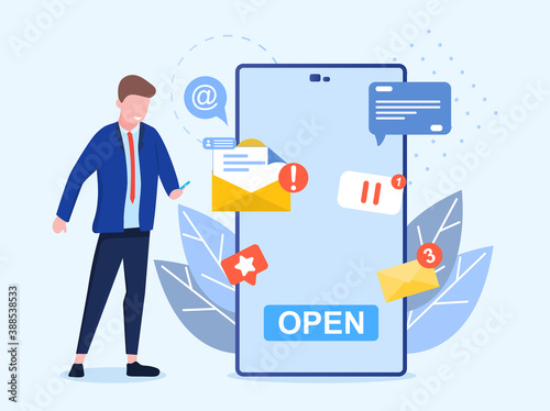 Concept of receiving notifications. Man use smartphone for communication with people. Mail, social network, internet. Can be use for web, ui, banner, flyer, poster, template. Vector illustration
