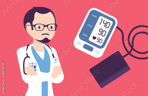Wrist blood pressure monitor tonometer with high measurement result. Digital display showing bad meter test, doctor unhappy in warning, red for hypertension. Vector creative stylized illustration