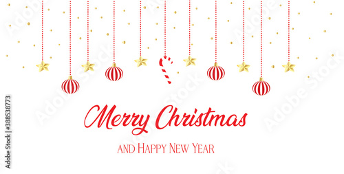 sfondo buon natale e felice anno nuovo con elementi decorativi rossi e dorati