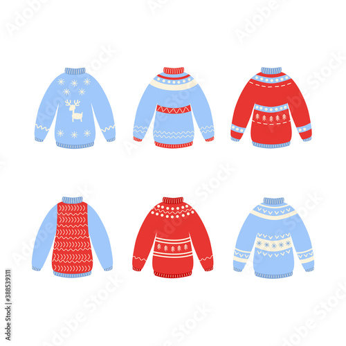 Traditional ugly Christmas sweater set vector illustration isolated on white background. Knitted winter jumpers with nordic ornament.
