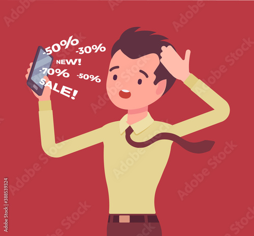 Cold calling by telephone for potential male customer. Salesperson contacting annoyed individual, possible customer, offering useless products or services. Vector flat style cartoon illustration