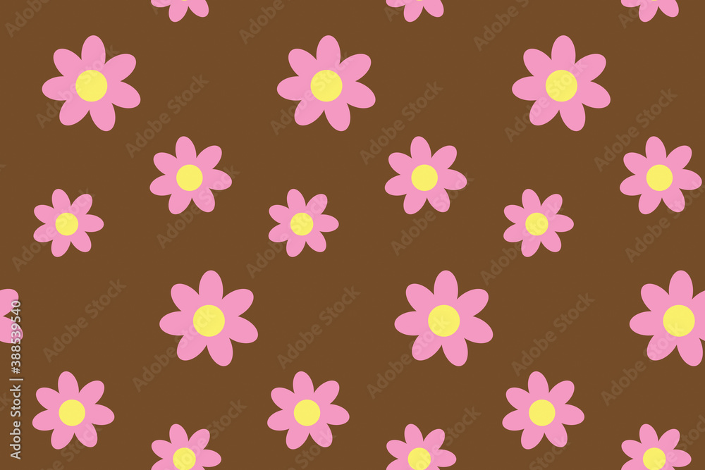 Seamless pattern with flowers on brown board. Spring illustration. Beautiful print for textile, greeting cards, wrapping paper, decor and design. Celebration style. Endless design. Jpg file