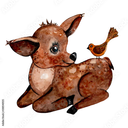 cute deer and little bird watercolor illustration for children's prints, textiles, stickers.