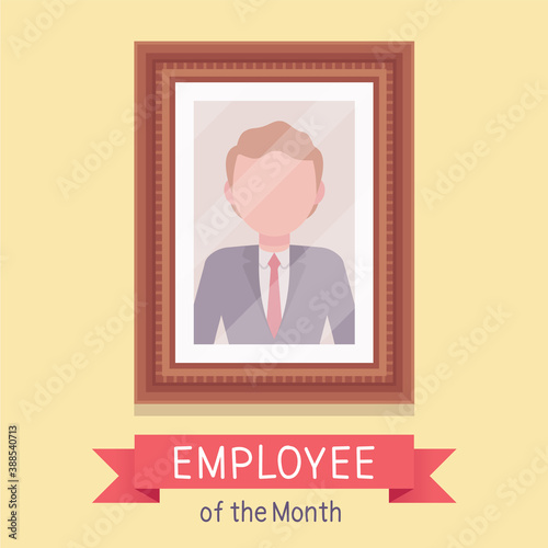 Employee of the month, male photo wall frame template. Profile portrait with empty face zone, EOM reward program for worker in achieving professional excellence. Vector flat style cartoon illustration photo