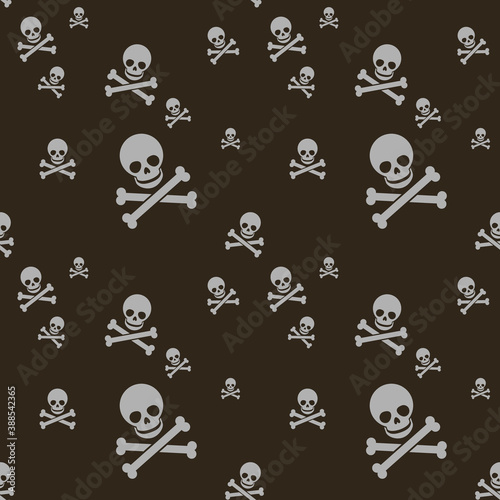 simple vector flat art seamless pattern of white human skull with two crossed bones on a black background 