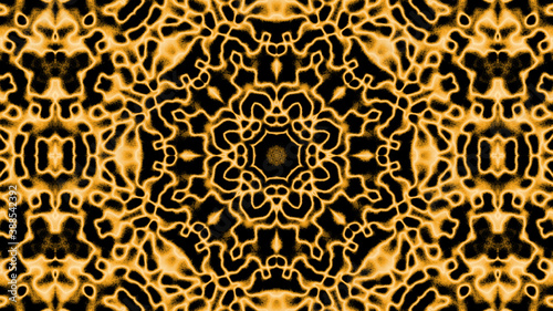 Abstract symmetric yellow kaleidoscope background pattern with furry elements