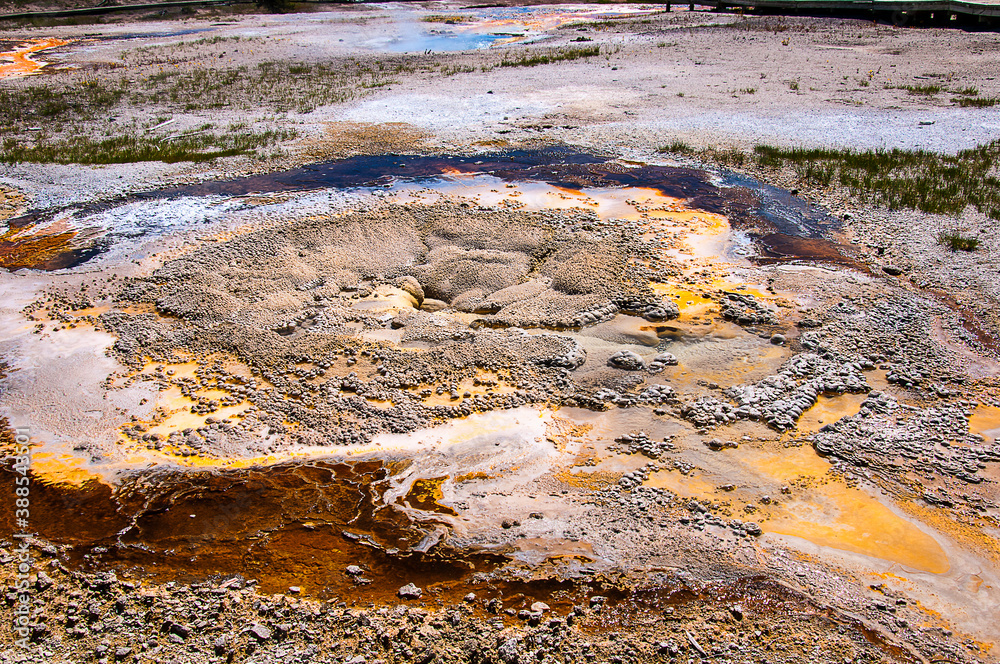 The active Geysers and geothermal pools of Yellowstone National Park. Yellowstone was the world's first National Park. The caldera is considered an active volcano The active Geysers and geothermal pools of Yellowstone National Park. Yellowstone was the world's first National Park. The caldera is considered an active volcano