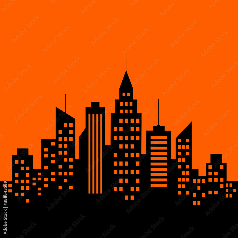 City vector icon, black silhouette on orange background
