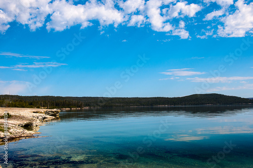 Yellowstone lake in Yellowstone National Park in Wyoming USA. This lake feeds the river flowing to the Yellowstone falls . Flowers bloom on its banks