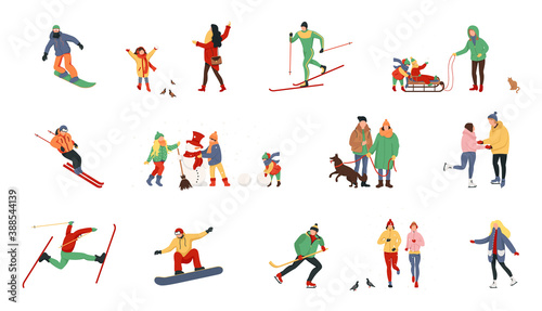 Adult people and children dressed in winter clothing snowboarding and skiing. Winter time. People on the ice rink playing hockey and performing outdoor activities. 