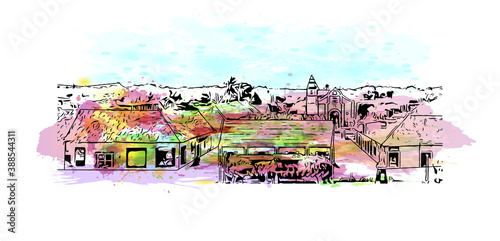 Building view with landmark of Campeche is a Mexican port city on the Gulf of Mexico. Watercolor splash with hand drawn sketch illustration in vector.