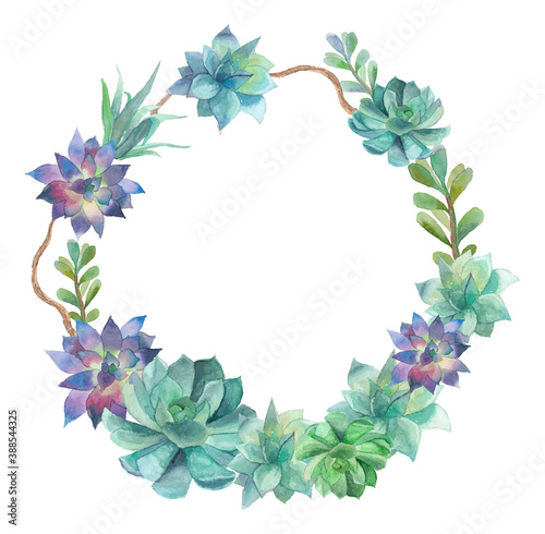 Watercolor succulents wreath. Vintage round frame with tree branch, and succulents. Floral art print in vector. Botanical border in eco style
