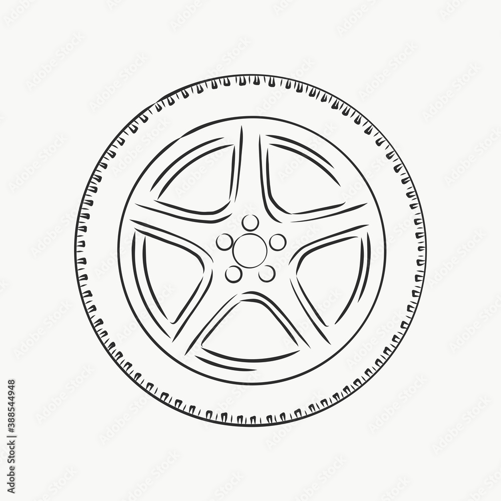 Car wheel vector sketch icon isolated on background. Hand drawn car wheel, vector sketch