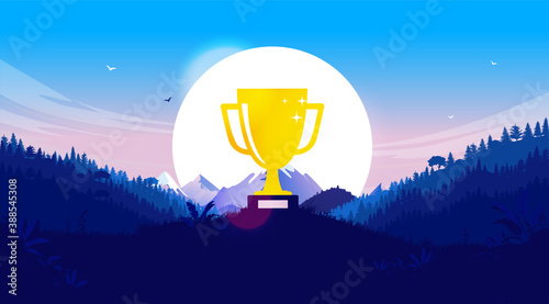 Reward vector illustration - Trophy in scenic landscape with big sun. Aspiration, personal goal and personal achievement concept.