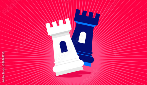 Competition - Two chess pieces competing on red dramatic background. Rivalry, checkmate and competitors concept. Vector illustration.