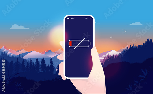 Empty battery on phone - Hand holding smartphone with no power in the middle of nowhere. Remember to charge and bad battery concept. Vector illustration.