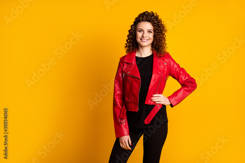 Obraz na plátně Portrait of her she nice charming cheerful cheery wavy-haired girl wear leather