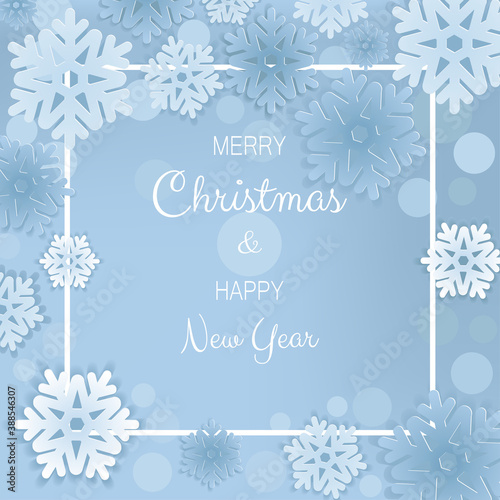 Merry Christmas and Happy New Year postcard, greeting card. Snowflakes blue background. Vector illustration for winter season, Christmas holiday