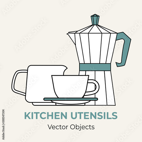 Moka pot coffeemaker cup pitcher simple form vector illustration. Line illustration isolated logo icon cafe menu banner. Coffee pot coffee shop. Moka pot demitasse milk jug creamer isolated background