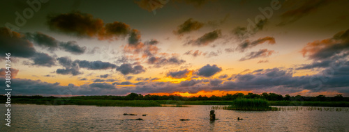 sunset in south Arica on a river looking into the east while a hippo is opening its mouth to round up the dramatic scenery, on the horizon the sun is setting with a beautiful cloudscape  © Joerg