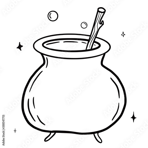 Hand drawn vector isolated cauldron icon. Black outline illustration of cauldron. Witchcraft aesthetic tools. 