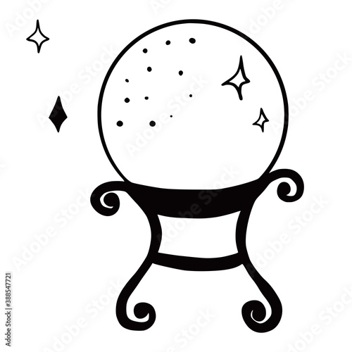 Hand drawn vector isolated crystal ball icon. Black outline illustration of crystal ball. Witchcraft aesthetic tools. 