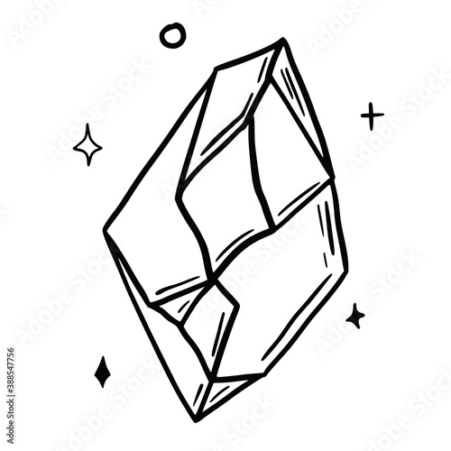 Hand drawn vector isolated crystal  icon. Black outline illustration of crystal. Witchcraft aesthetic tools. Bohemian concept.