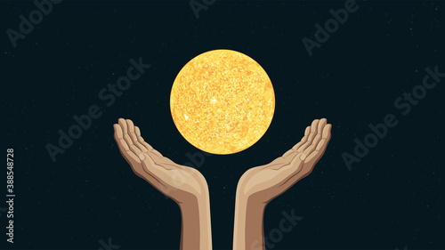 Detailed flat vector illustration of two hands holding the Sun.