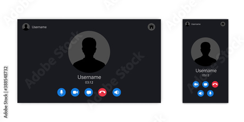 Video call app screen template. Computer and mobile version. Online communication and dating concept.